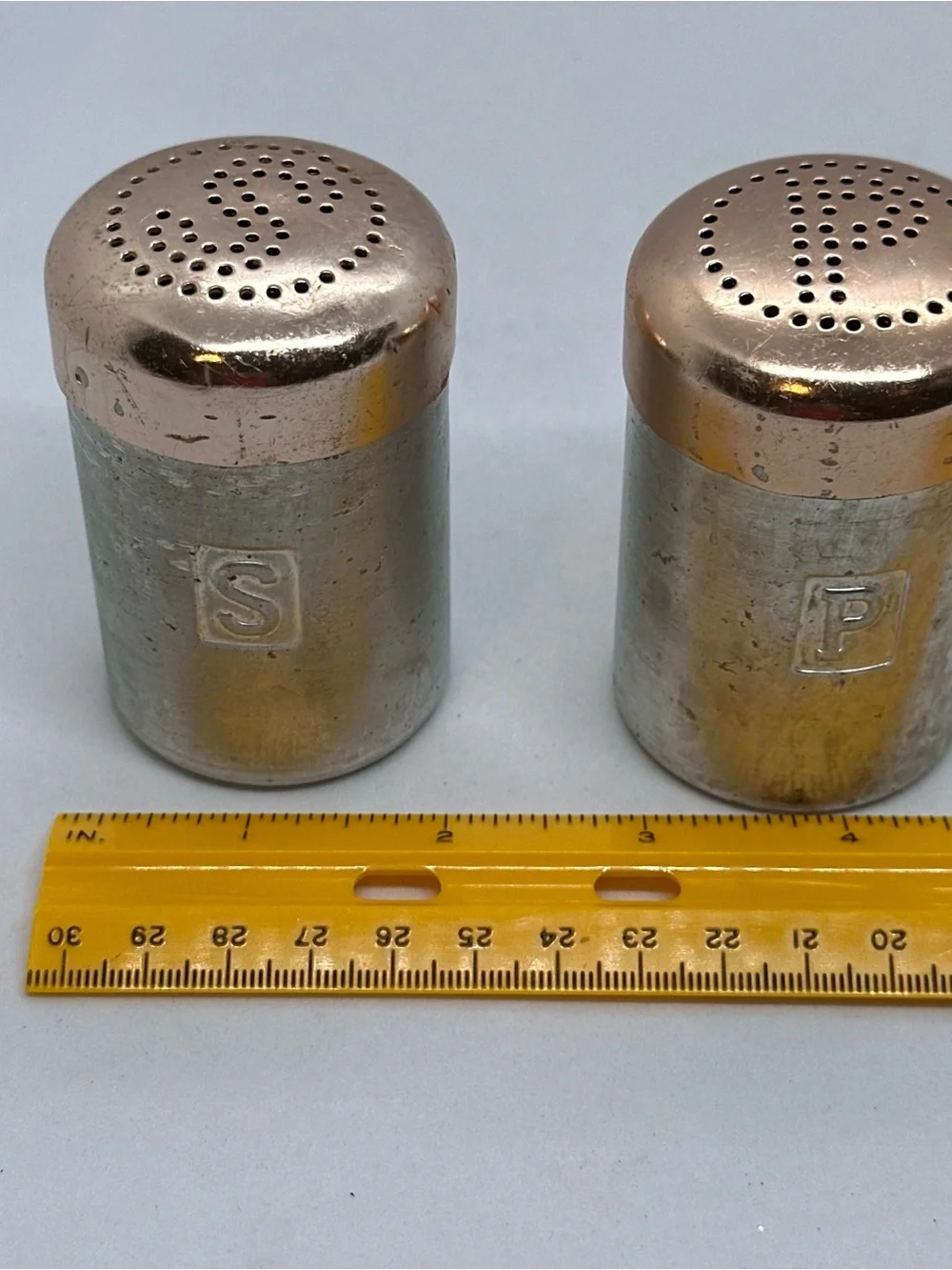 Vintage Spun  Aluminum Salt and Pepper Shakers with Copper-tone Lids Hong Kong
